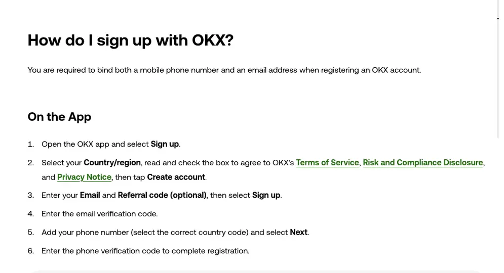 OKX Support Center article section How do I sign up with OKX, listing six numbered app sign-up steps from Sign up to entering the phone verification code
